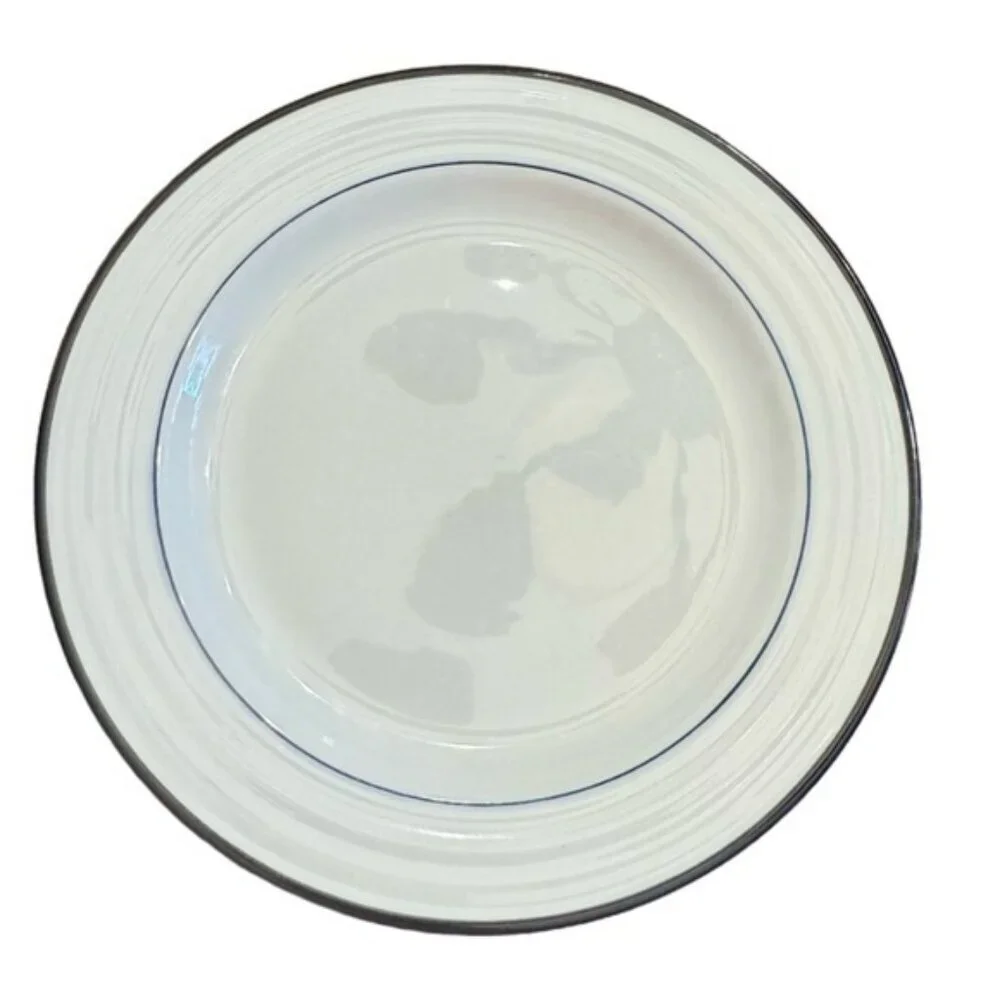 Lot of 3 Crate & Barrel Spal Porcelain Roulette Blue Trim 8 1/4” Salad Plate